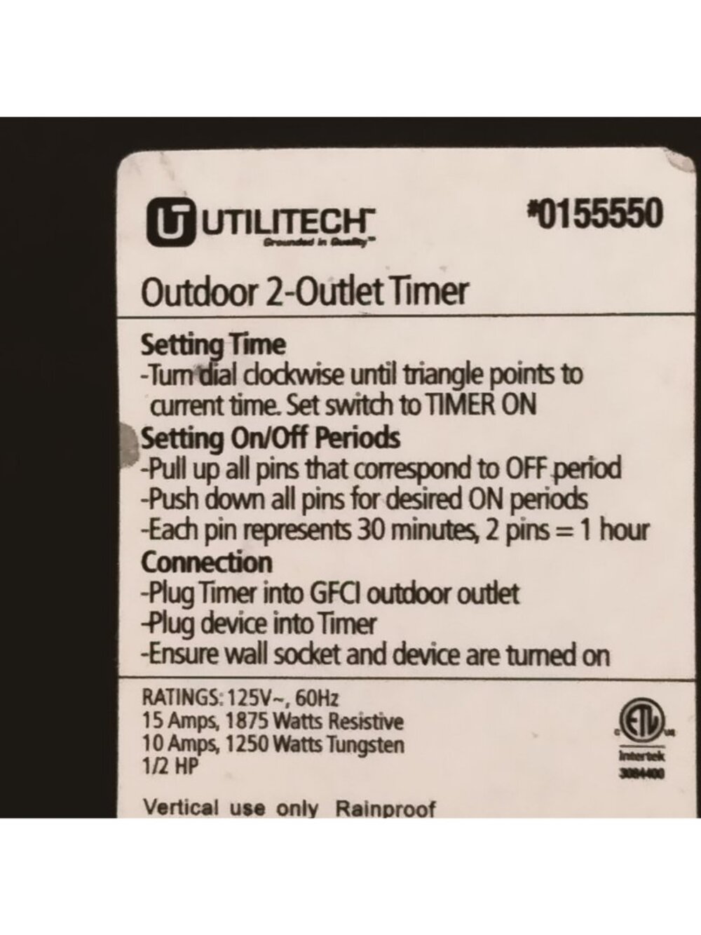 Outdoor 2 Outlet Timer 24 Hour Dial Plug In Black Utilitech - Picture 6 of 10